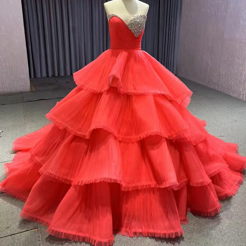 Elegant Red Sleeveless Evening Dress Sweetheart Neck Crystal Lace Up Back Tiered Robe De Soirée With Detachable Train For Women