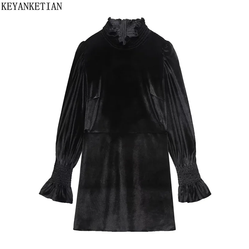 

KEYANKETIAN 2024 New Launch Women's Black Velvet Mini Dress Court style Vintage Mock Neck Flare sleeve Slim Dresses Female