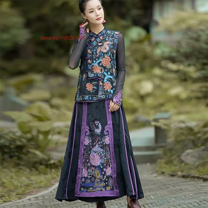 2024 chinese vintage skirt national flower embroidered traditional jacquard a-line skirt elastic waist ethnic improved skirt