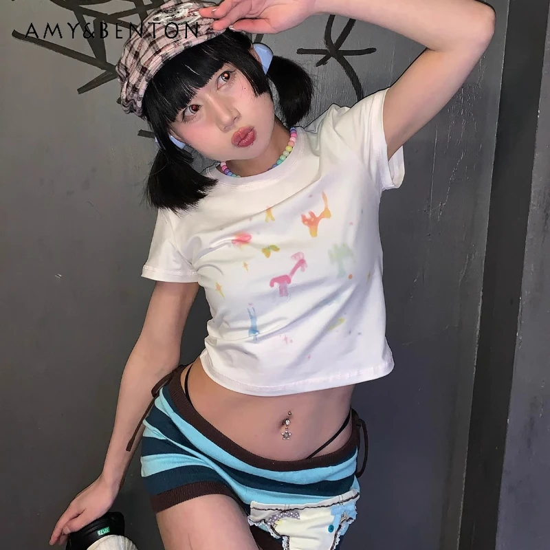 

Original Design White Animal Print Slimming Pure Cotton Women's T-Shirt 2025 Summer New Versatile Sweet Short T-shirts Ladies
