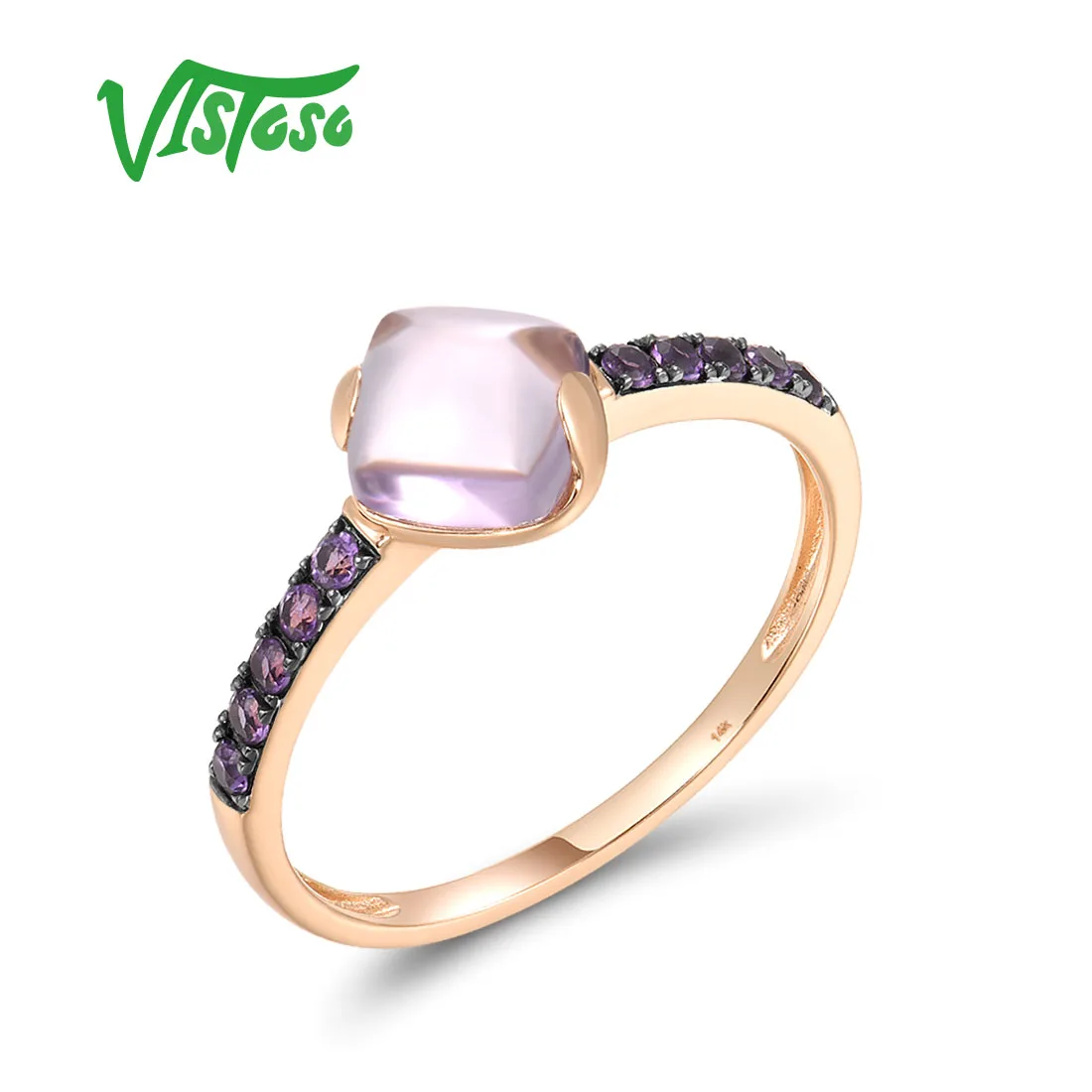 VISTOSO Geniune 14K 585 Rose Gold Rings For Women Real Natural Amethyst Elegant Dainty Sweet Wedding Engagement Fine Jewelry