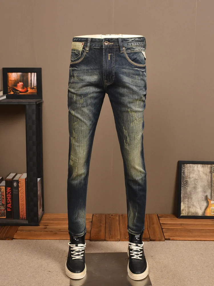 2024 Street Motorcycle Retro Nostalgic Jeans Men's Four Seasons Fashion Elastic Slim Fit Skinny Heavy Washed Casual Trousers