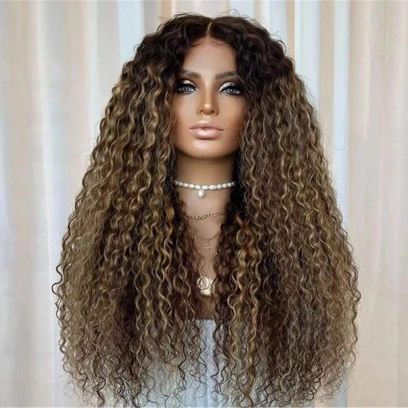 

Синтетический парик с кудрями «Кинки» и эффектом омбре, коричневый карамельный, с фронтальной шнуровкой, термостойкий, для женщин, для косплея, с реалистичной линией роста волос