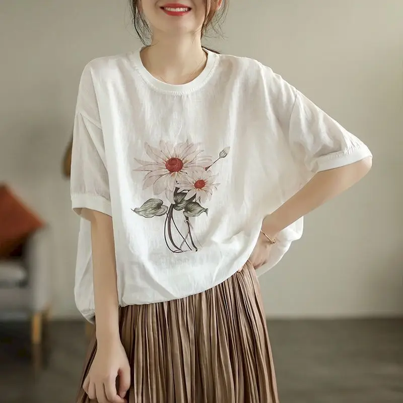 Cotton Linen T Shirts Women Art Nature Flower T-shirt Casual Loose Vintage Printed Short Sleeve Tops Summer Trend Thin Tshirt