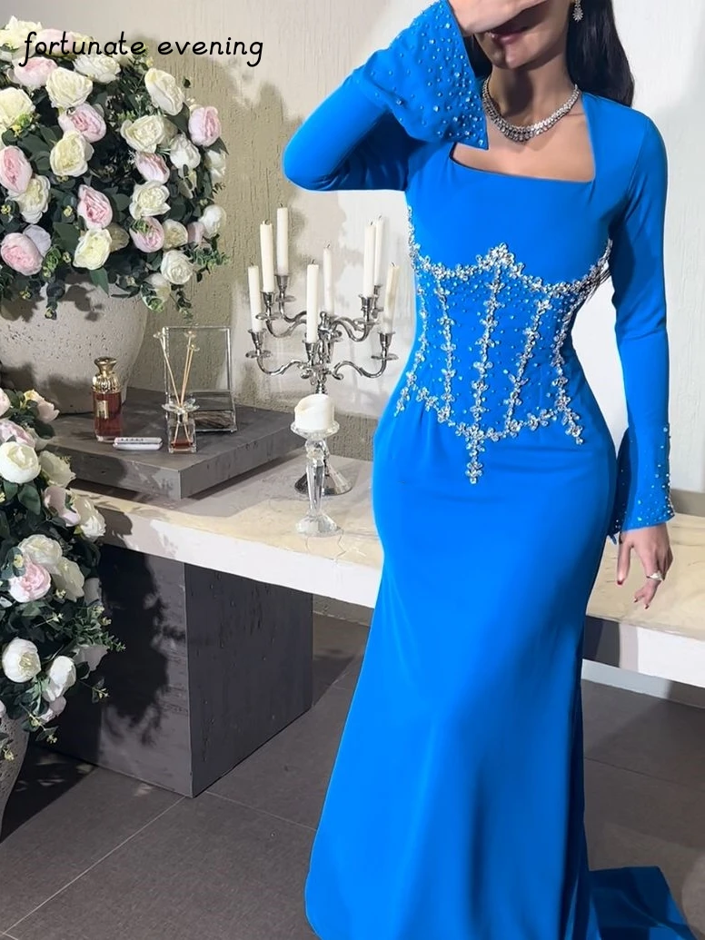 Fortunate Evening Elegant Vintage Sweet Blue Mermaid Crystal Beading Squre Collar Formal Occasion Prom Dress Evening Party Gowns