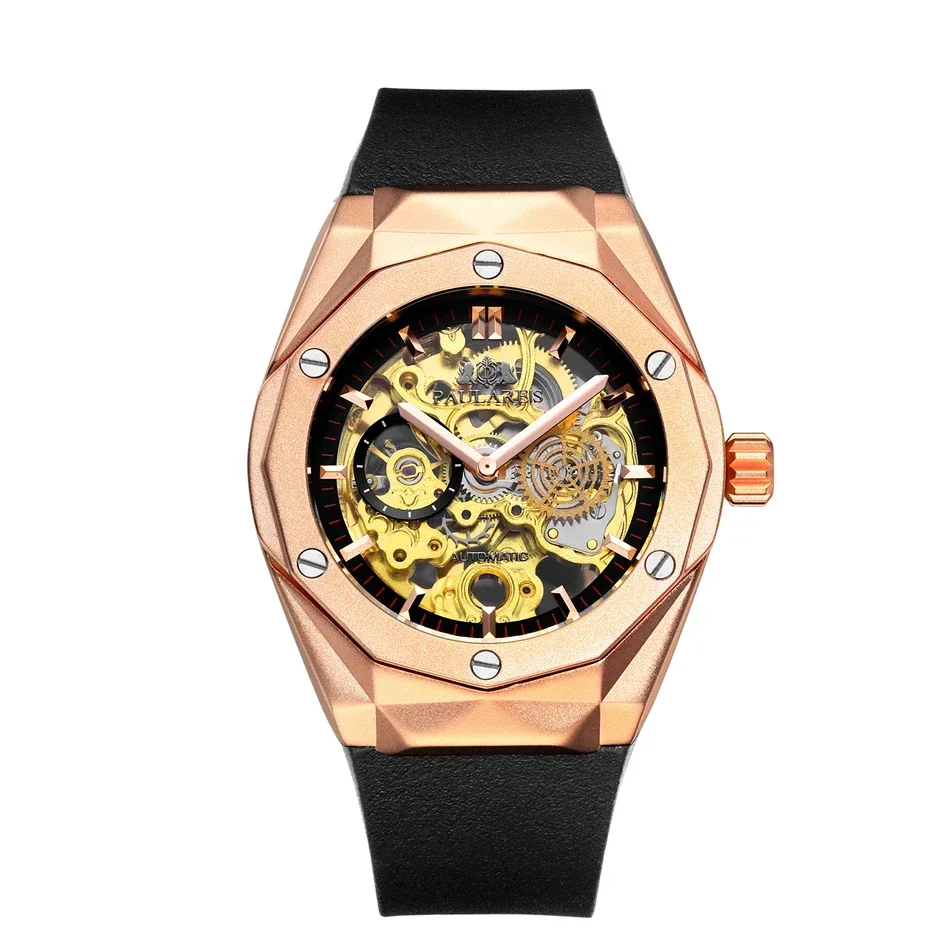 Men Automatic Skeleton Self Wind Mechanical Rose Gold Silver Black Case Rubber Strap Sports Watch