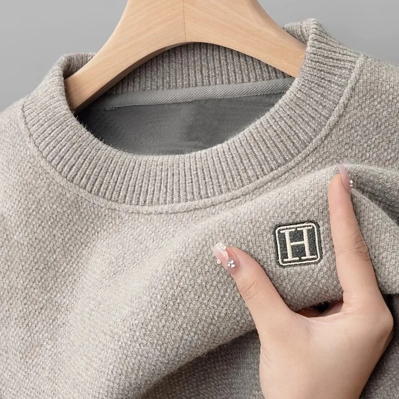 

Легкий утолщенный свитер на флисовой подкладке, мужской вязаный пуловер с длинными рукавами, осенне-зимний теплый классический свитер