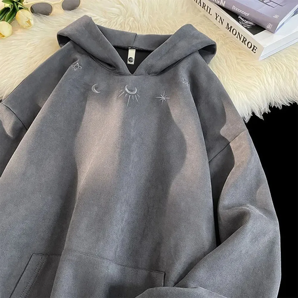 Retro Moon God Embroidery Sweatshirts For Women Drawstring Hooded Harajuku Autumn Winter Loose Trend Gray Suede Hoodies Tops