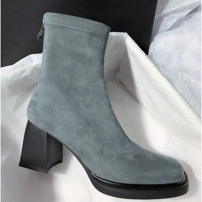 

Square Toe Ankle Boots Chunky Heels Fashion Ladies Shoes Zipper Style Short Women Booties Solid Color Mature Cozy Pumps 2024 New