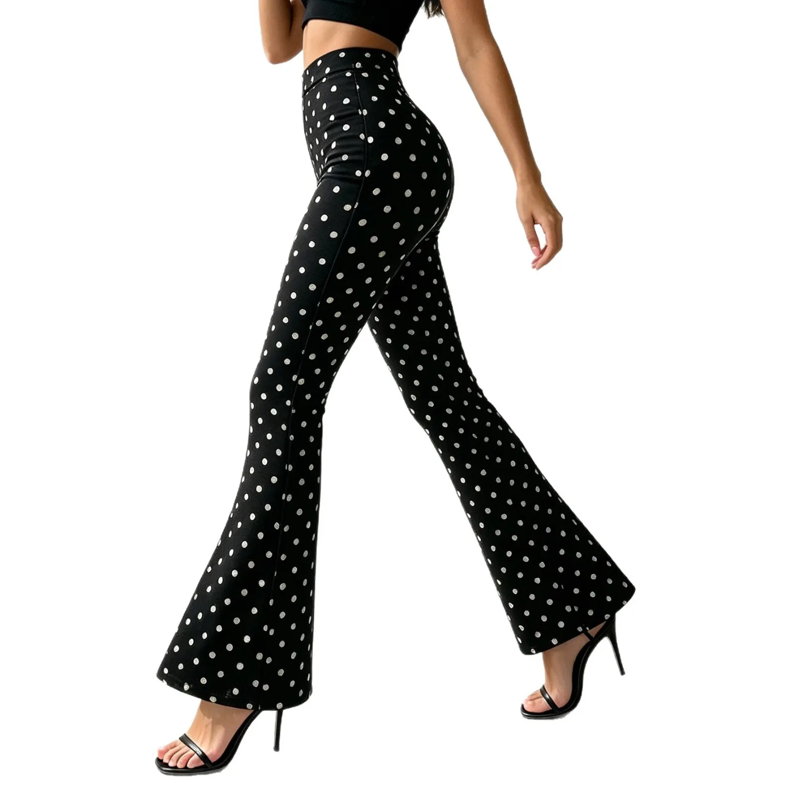 Damen Retro Schwarz-Weiß Gepunktete Schlaghose für Outdoor-Sport und Yoga, Elegante Slim-Fit-Hose – Detail 5