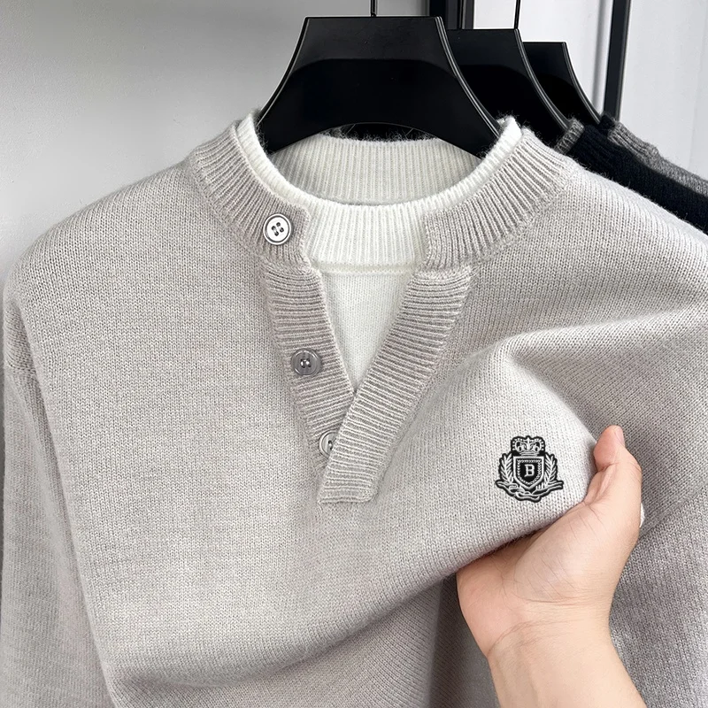 Britischer Stil Herren Langarm-Strickpullover mit Knöpfen, Zweiteiler-Optik, Farbblockierung, Stickerei, Outdoor-Komfort, Herrenbekleidung – Detail 7