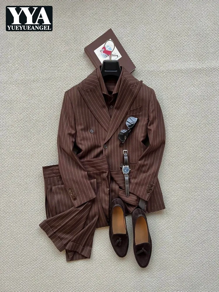 

Мужской костюм в британском стиле: полосатый, двубортный, для свадеб и банкетов, деловой, элегантный, с пиджаком и длинными брюками, комплект