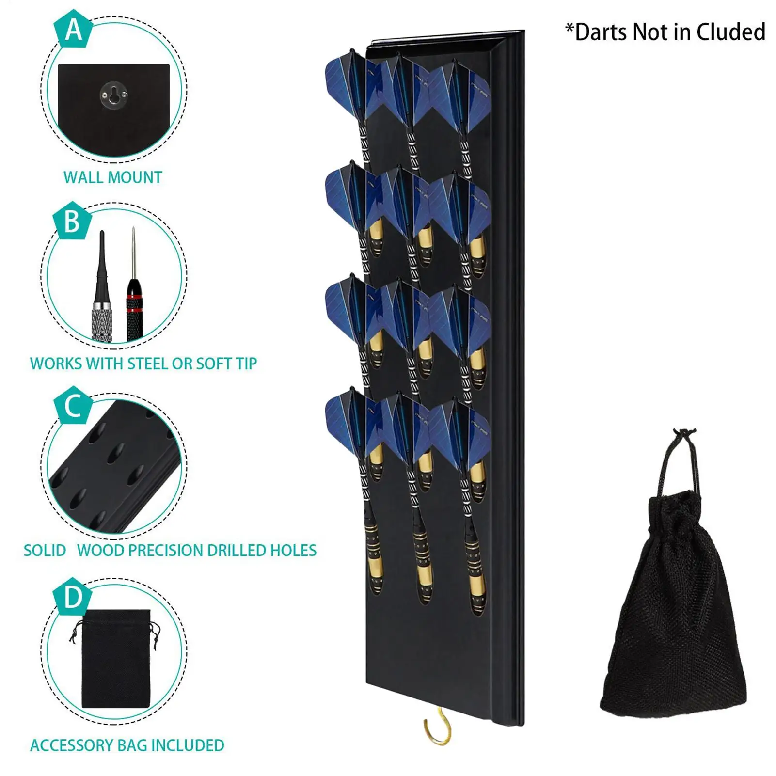 Wooden Dart Holder Display Stand with Storage Bag Space Saving Organizer & Wall Mount for Home Game Room Bar Office Decor