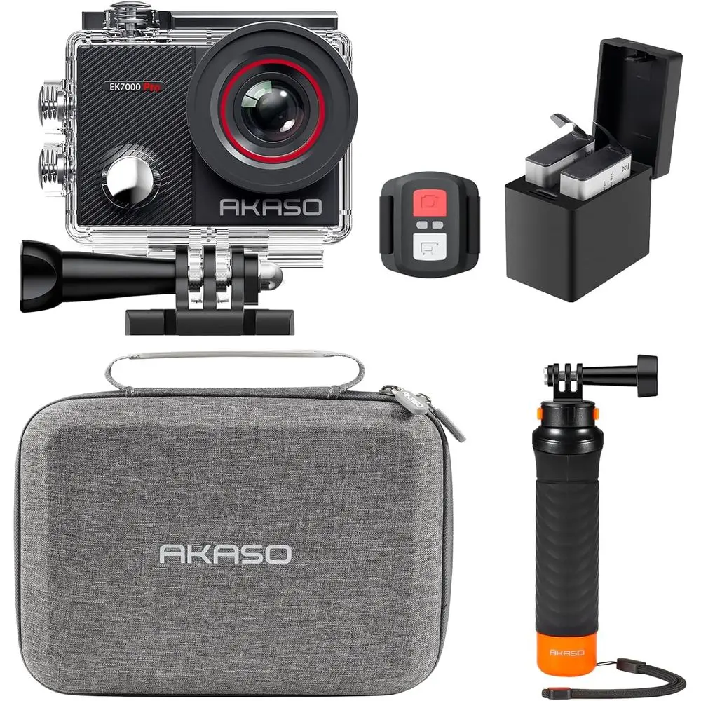 4K Action Camera with Touchscreen, 30fps, 131T EIS, 5X Zoom, Waterproof to 131ft, Remote Control, Floating Hand Grip, Carrying C