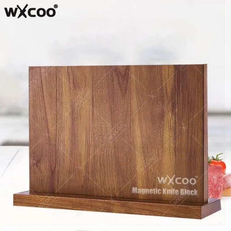 WXCOO Long Magnetic Knife Block Kitchen Holder Acacia Wooden Kitchen Counter Strong Enhanced Magnets Stands Storage Knife Holder