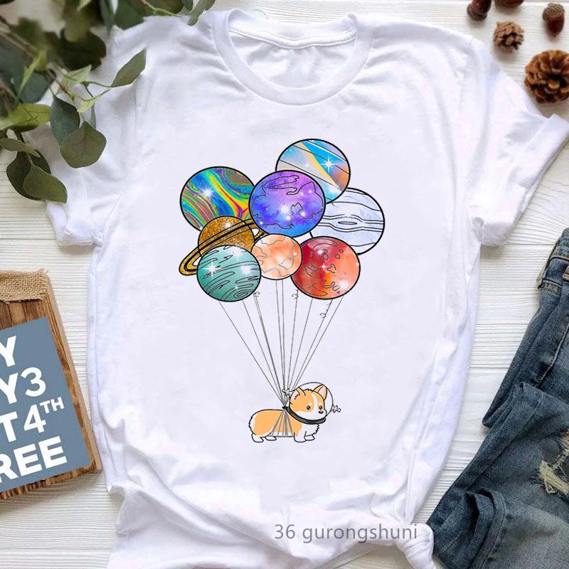 Corgi Love Balloon Animal Print T Shirt Girls Harajuku Kawaii Clothes Summer Fashion Tops Tee Shirt Femme Short Sleeve T-Shirt