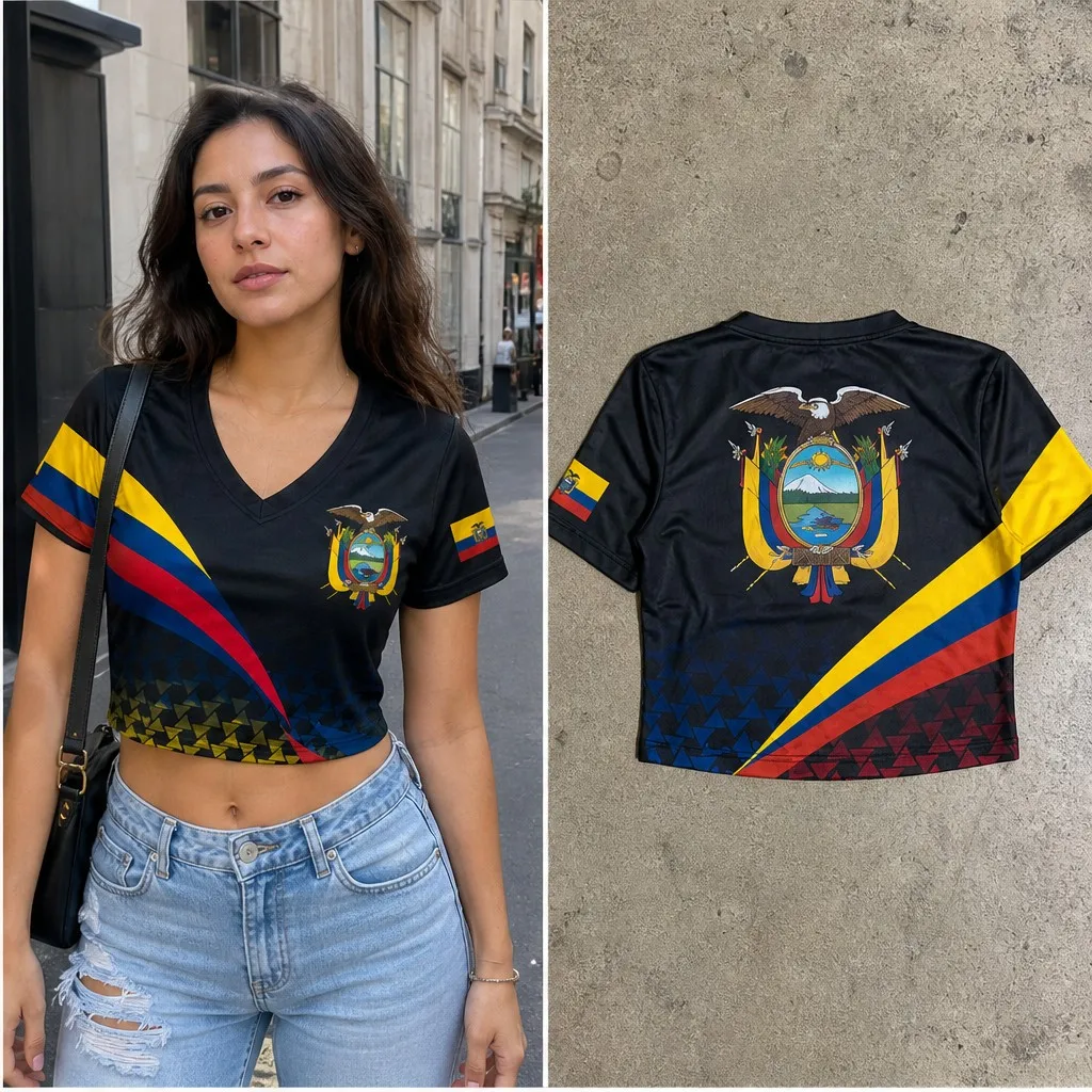 Womens Ecuador V Neck Short Sleeve Crop Top Eagle Crest Striped Print Casual Summer Shirt for Street Travel Holiday Daily Styles