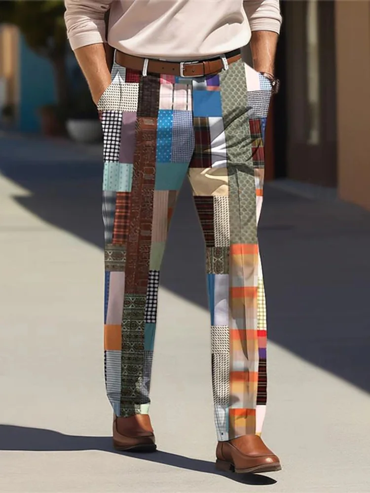 

Colorful rectangle patchwork printed pants Outdoor casual men's pants Fashion street casual pants