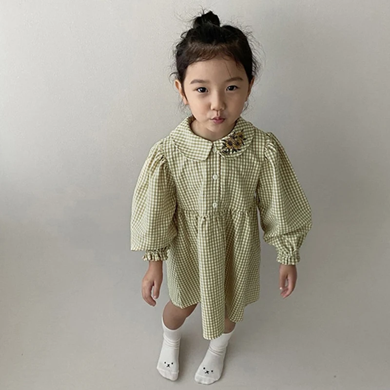 2023 Children Dresses Spring Summer Girls Clothing Cute Kids Baby Girl Plaid Cotton Linen Lapel Collar Dress Long Sleeve Dress