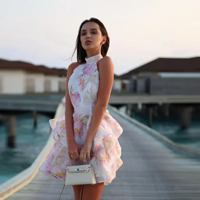 O Neck Floral Printed Short Dress Backless Sleeveless Hem Stacking Dresses  A Line Vestidos 2025 New Lady Party Dresses Gowns