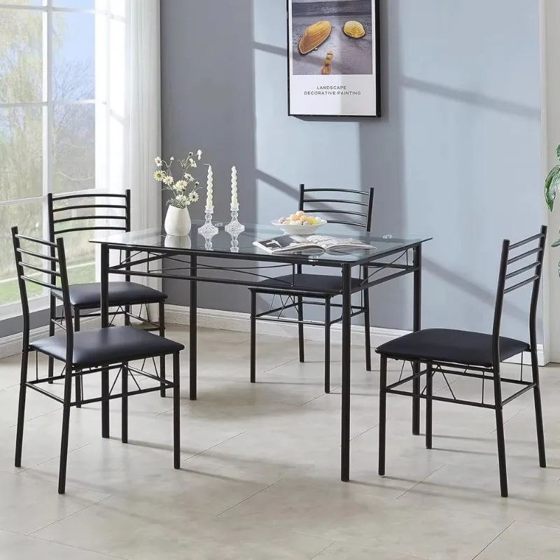 

Kitchen Dining Table and Chairs Set for 4, PU Padded Seat & Glasses Tabletop, Space Saving, Matte Black