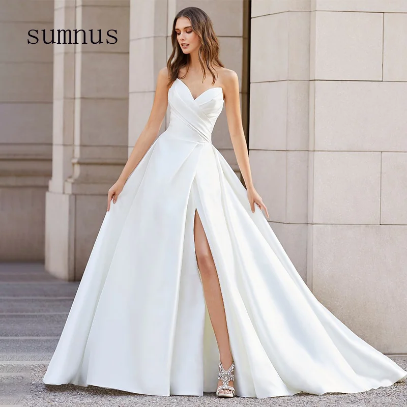 

Simple A Line Wedding Dresses Robe de Mariee Sweetheart Side Split Ruched Satin Bride Dress Elegant Civil Wedding Gown Customize