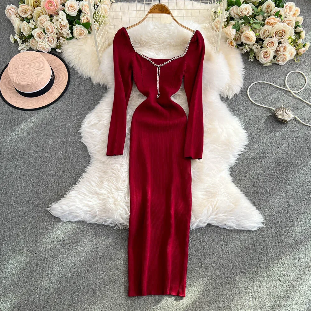 Chic Rhinestone Slim Backless Square Neck Knit Pencil Dress High Street Vintage Evening Korean Sexy Women Autumn Winter Clothing