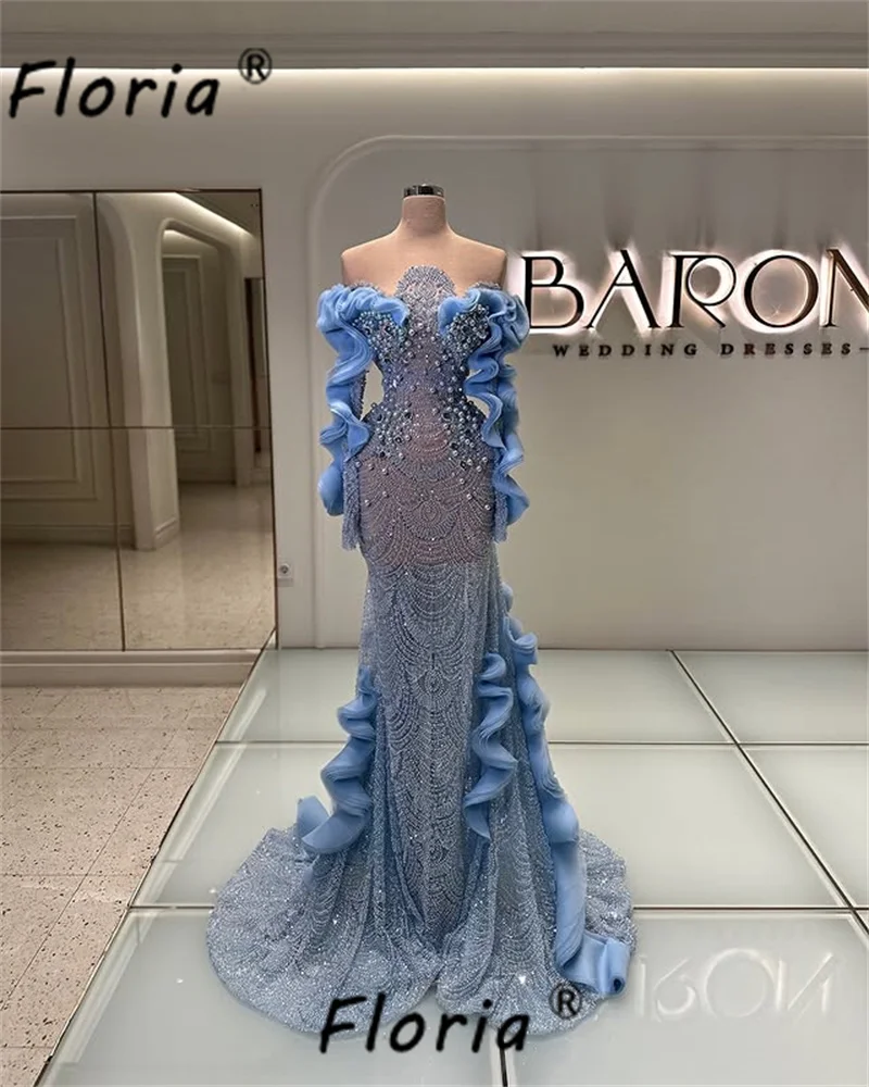 Luxury Blue Bead Mermaid Prom Dresses Dubai Woman Crystal Pearl Heavy Handmade Evening Party Gown Vestido de Noche Customized