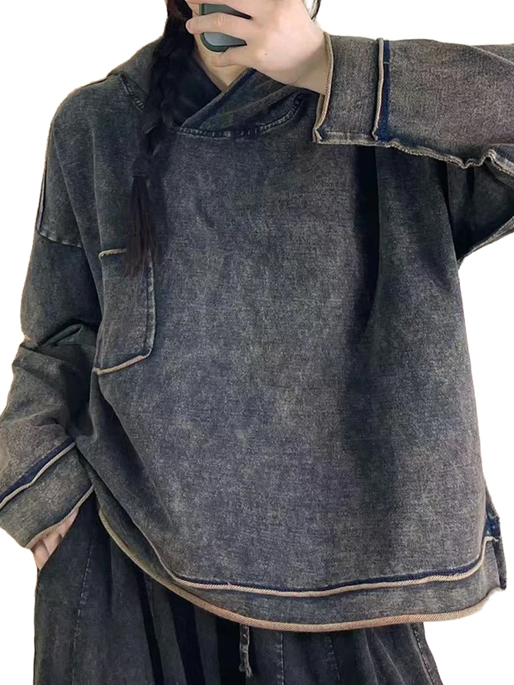 

Amax luluE Spring Clothes Women Fashion Loose Hooded Denim Hoodies Ladies Korean Design Luxury Casual Classic Cotton Sweatshirts