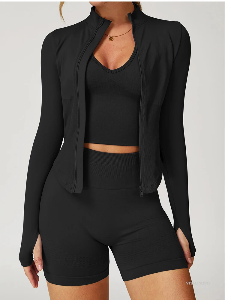 VITALINOVO Damen Cropped Running Workout Jacken mit Reißverschluss, schmal geschnittene Sportjacken mit Daumenlöchern, nahtlose, dehnbare Trainingsjacken – Detail 4