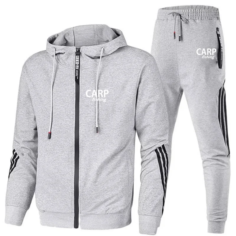 Carp Fishing 2024 Spring and Autumn New Leisure Sports Men's Fashion Printed Hooded Zipper Sweater Sportpant Two Piece Set