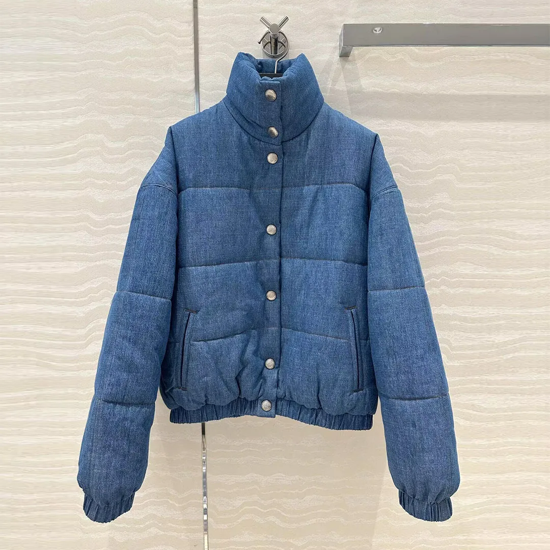 2024 New Fashion Winter Cotton Liner Warm Coat Women Turtleneck Long Sleeve Quilting Blue Denim Vintage Loose Chic Jacket