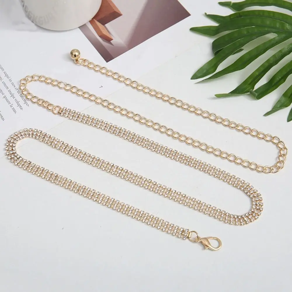 

Retro Bling Zircon Inlaid Waist Belt Adjustable 3 Rows Rhinestone Waistband Long Chain Luxury Crystal Waist Chain Bridal
