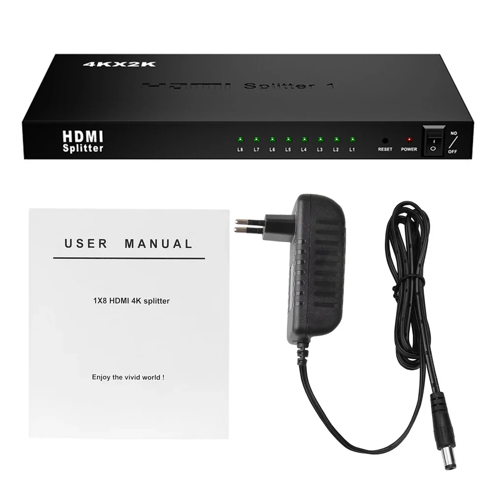 8 portowy Splitter kompatybilny z HDMI 1x8 4K 30Hz rozgałęźnik wideo 1 w 8 Out kompatybilny z HDMI wyświetlacz duplikat dla PC HDTV