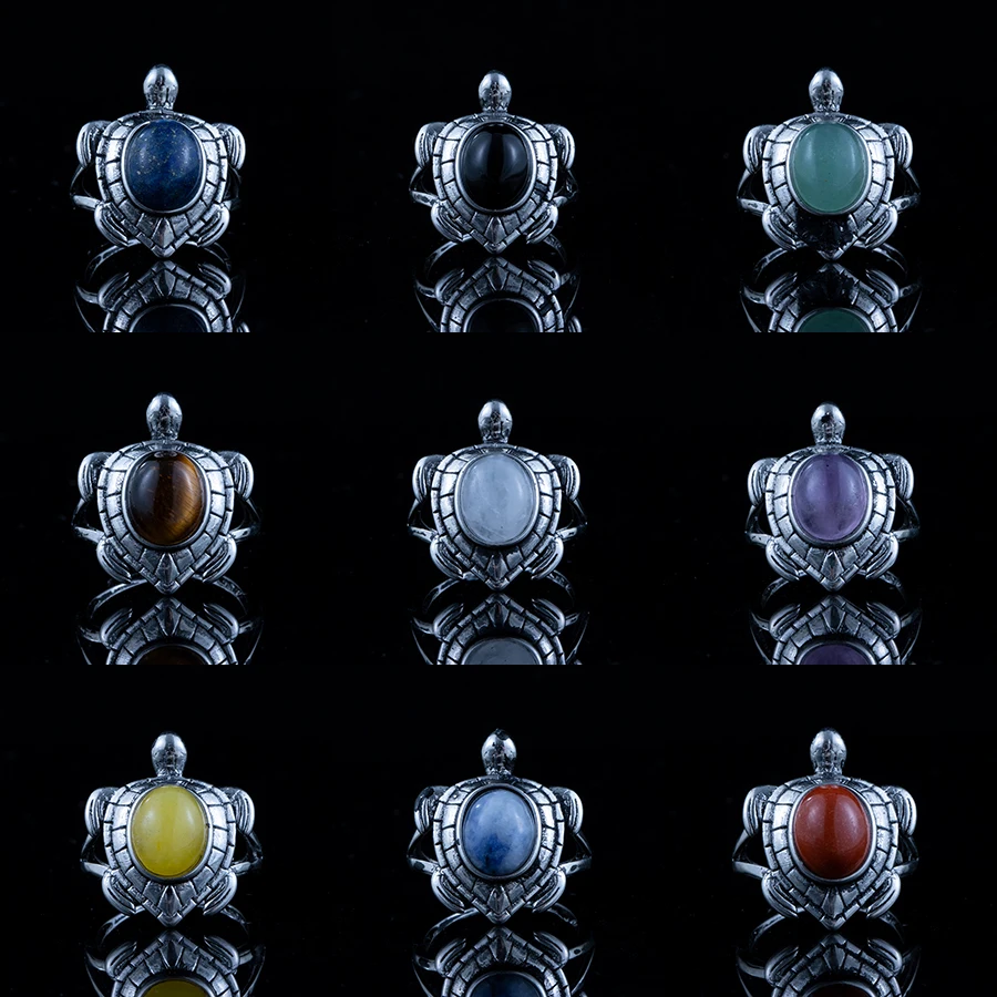 

natural stone red jasper amethyst tiger eye retro tortoise style ring for women men adjustable copper-plated 925 silver ring