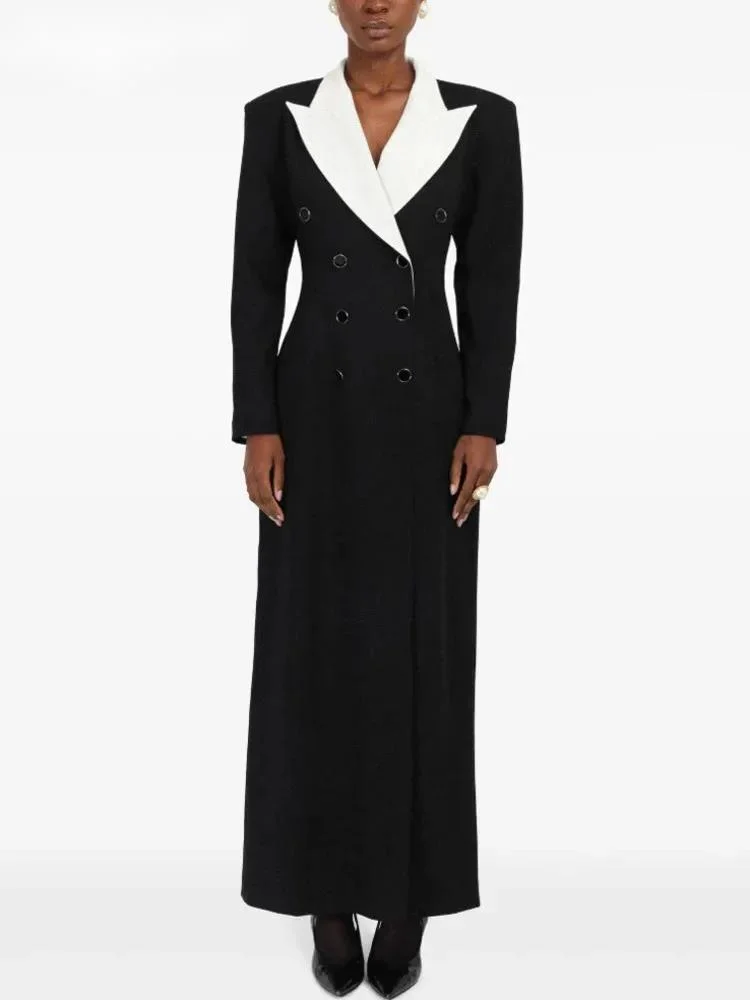 Fashion Contract Color Lapel Long Blazer Women's Double Breasted Retractoin Waist Slim Fit Suit Jacket Spring New 7ASIGG