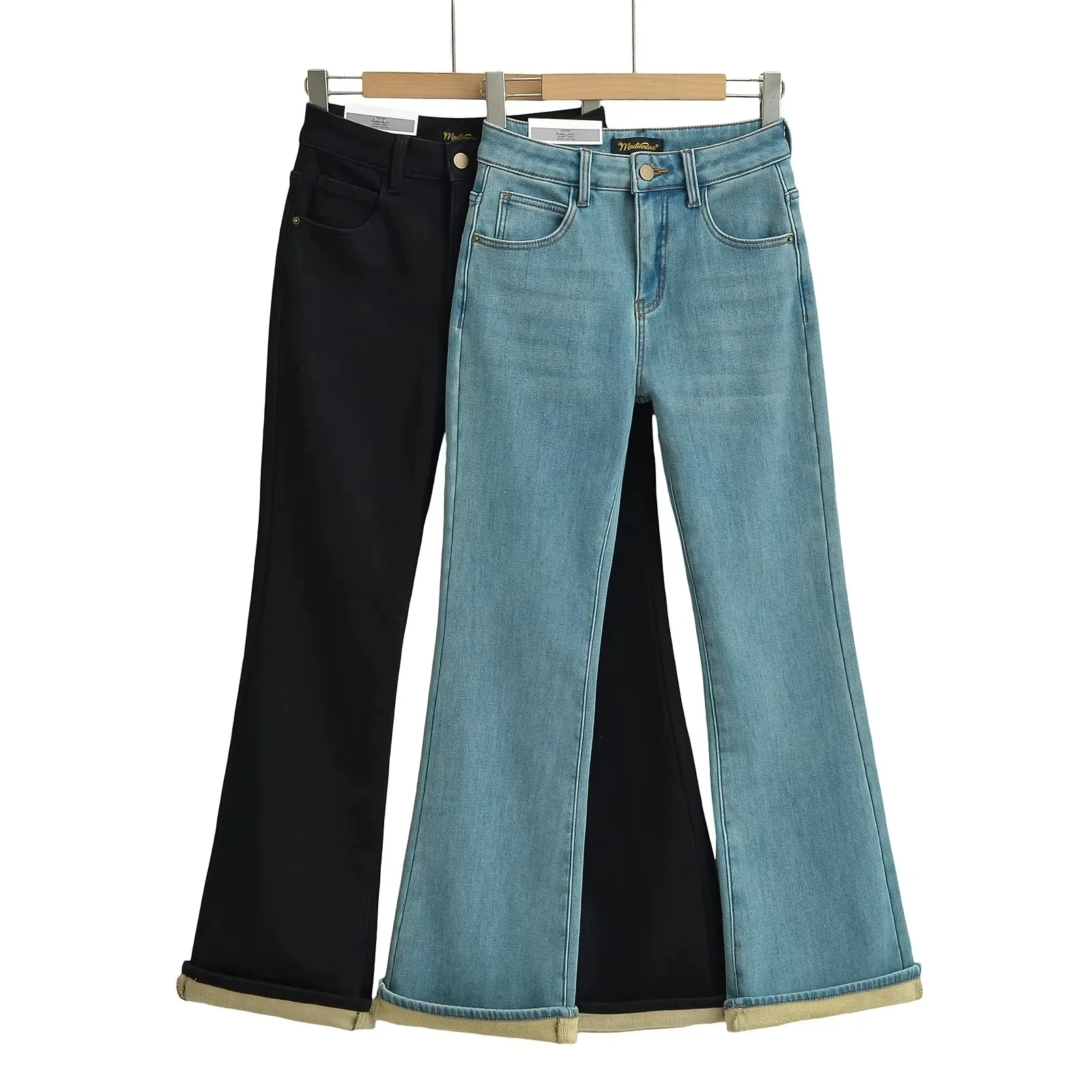 

Faionable Retro Fce Lined Bell Bot Jeans Women's Autumn Winter Slim Fit Denim Pants Long Low Waist Thiened