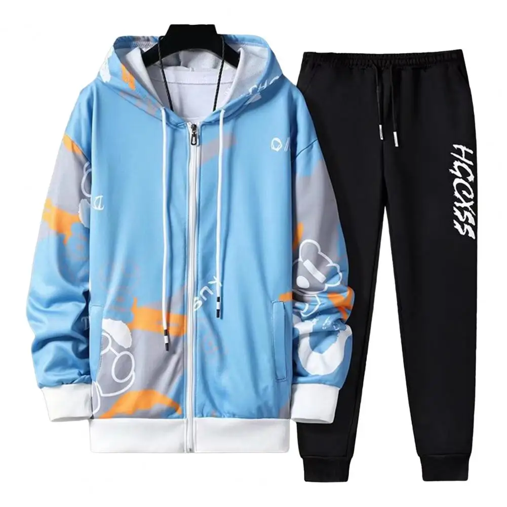 Men Hooded Sportswear Men's Hip Hop Tracksuit Set with Hooded Coat Drawstring Pants Letter Print Zipper Closure for Urban