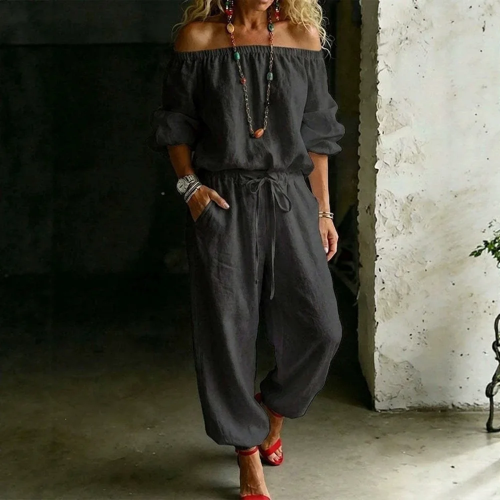 Casual Solid Lace-Up Waist Women's Two Piece Sets Autumn Off Shoulder Drawstring Loose Outfit Set New Fashion Long Sleeve 2026