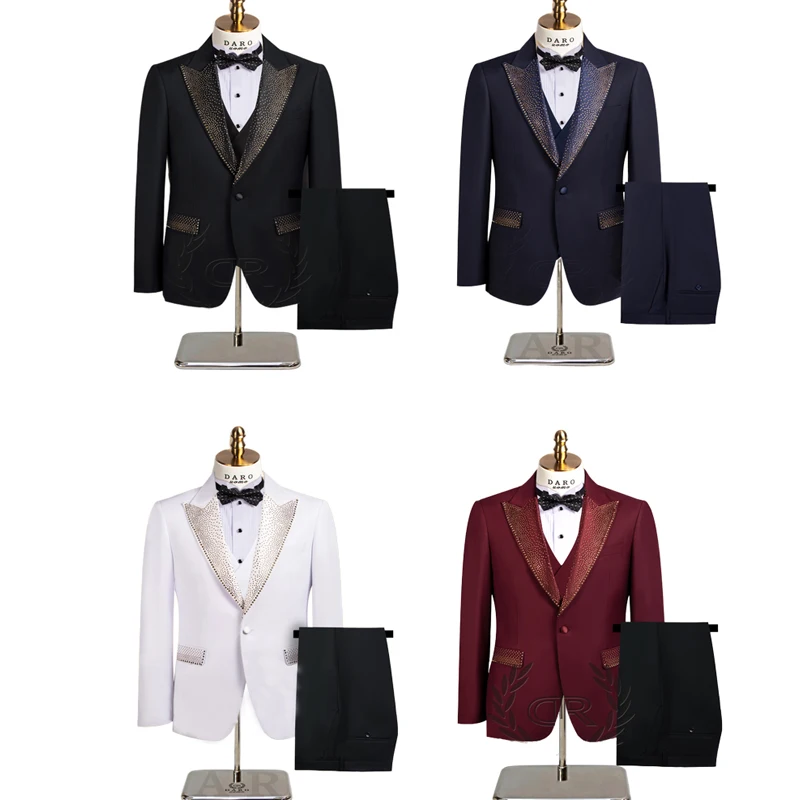 

2025 New Red High End Diamond Collar Wedding Suits for Men, Navy Blue/White Banquet Party Elegant Men's Dress 3-piece, Larg Size