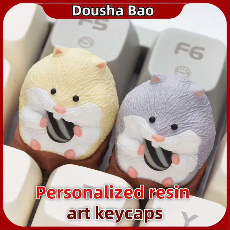 New Cartoon Series Hamster Keycaps Hamster Cracking Melon Seeds Cute Resin Art Keycaps Cross Axis Mechanical Keyboard Keycaps