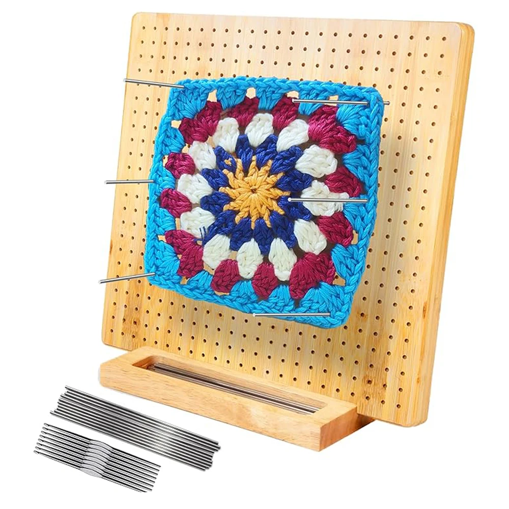 Crochet Blocking Board with 20 Pins Bamboo Wooden Blocking Board with Adjustable Stand Reusable Granny Square Blocking Board