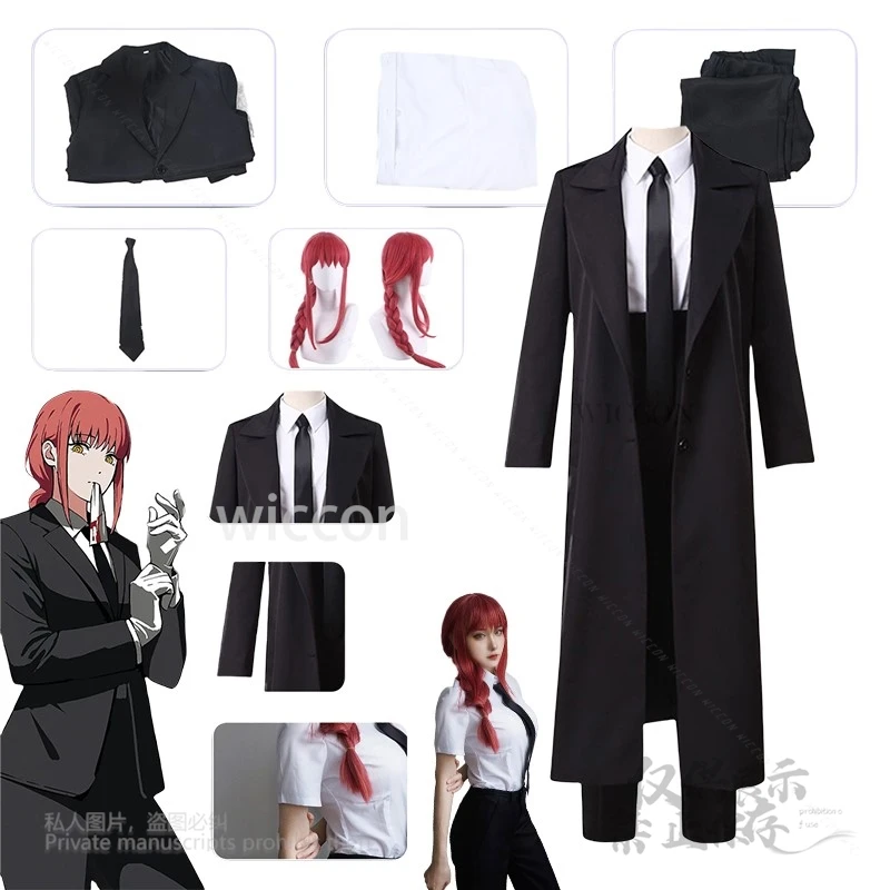 

Makima Cosplay Costume Anime Chainsaw Black Man Trench Coat Shirt Uniform Nurse Full Set GlovesWig Women Halloween Customized