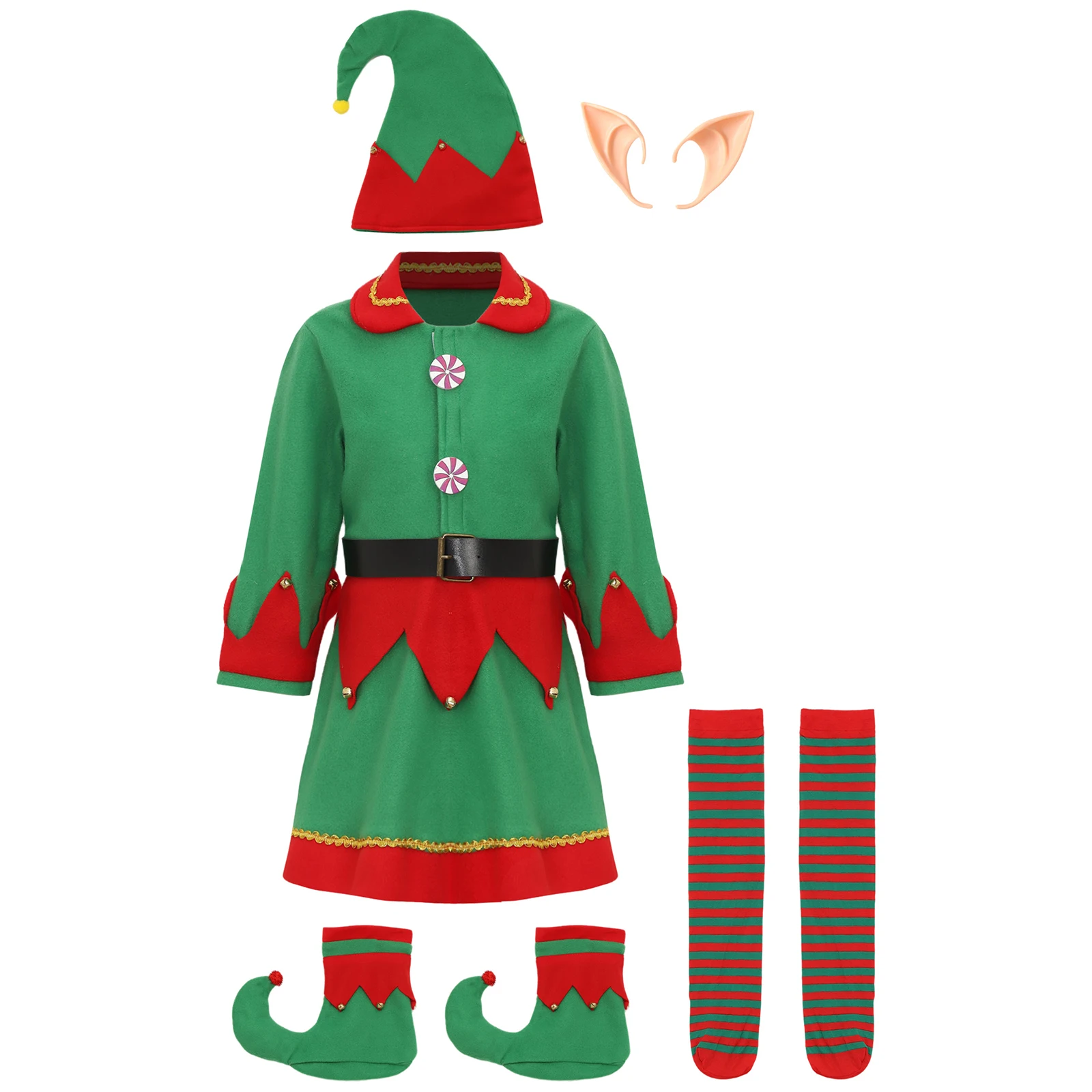 6 stuks meisjes kerstelf cosplay outfit kerstman kerst elf kostuum jurk met hoed elf oren riem kousen en schoenen covers set