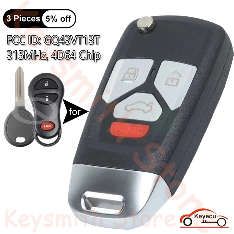 KEYECU 4 przyciski 315MHz 4 d64 Chip dla Chrysler PT Cruiser 2001 2002 2003 2004 2005 Auto ulepszony Fob zdalny klucz składany GQ43VT13T