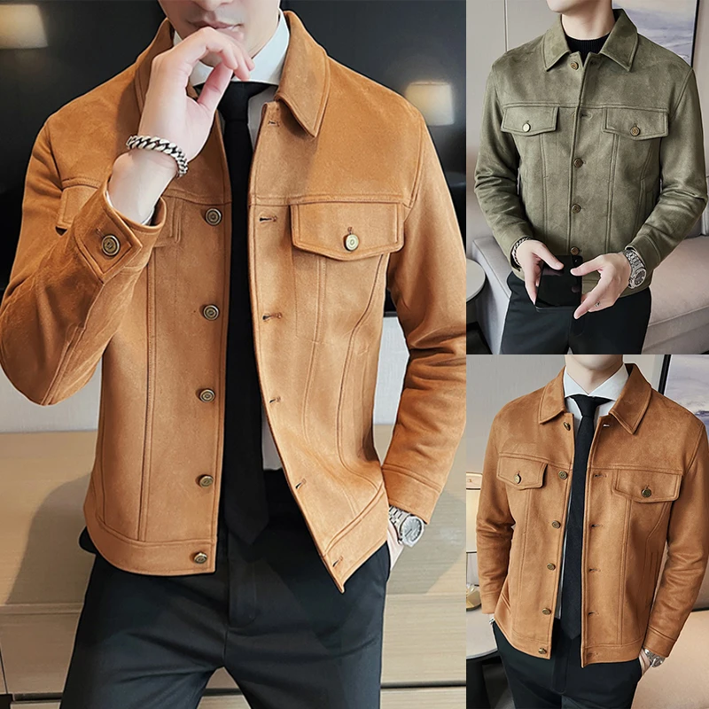 

Мужская замшевая куртка с воротником-стойкой, приталенная, осенне-зимняя, деловая, теплая, молодежная, модная, из полиэстера и спандекса