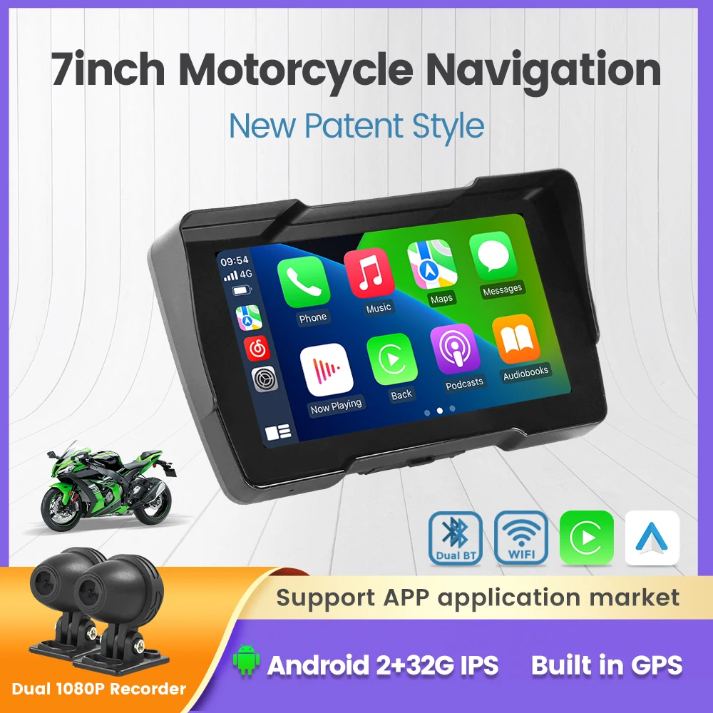 

7-inch Wireless CarPlay/Android Auto Motorcycle IPX67 Waterproof Navigation Android OS 2+32GB 1080P Dual Dashcam / Dual BT/ WiFi