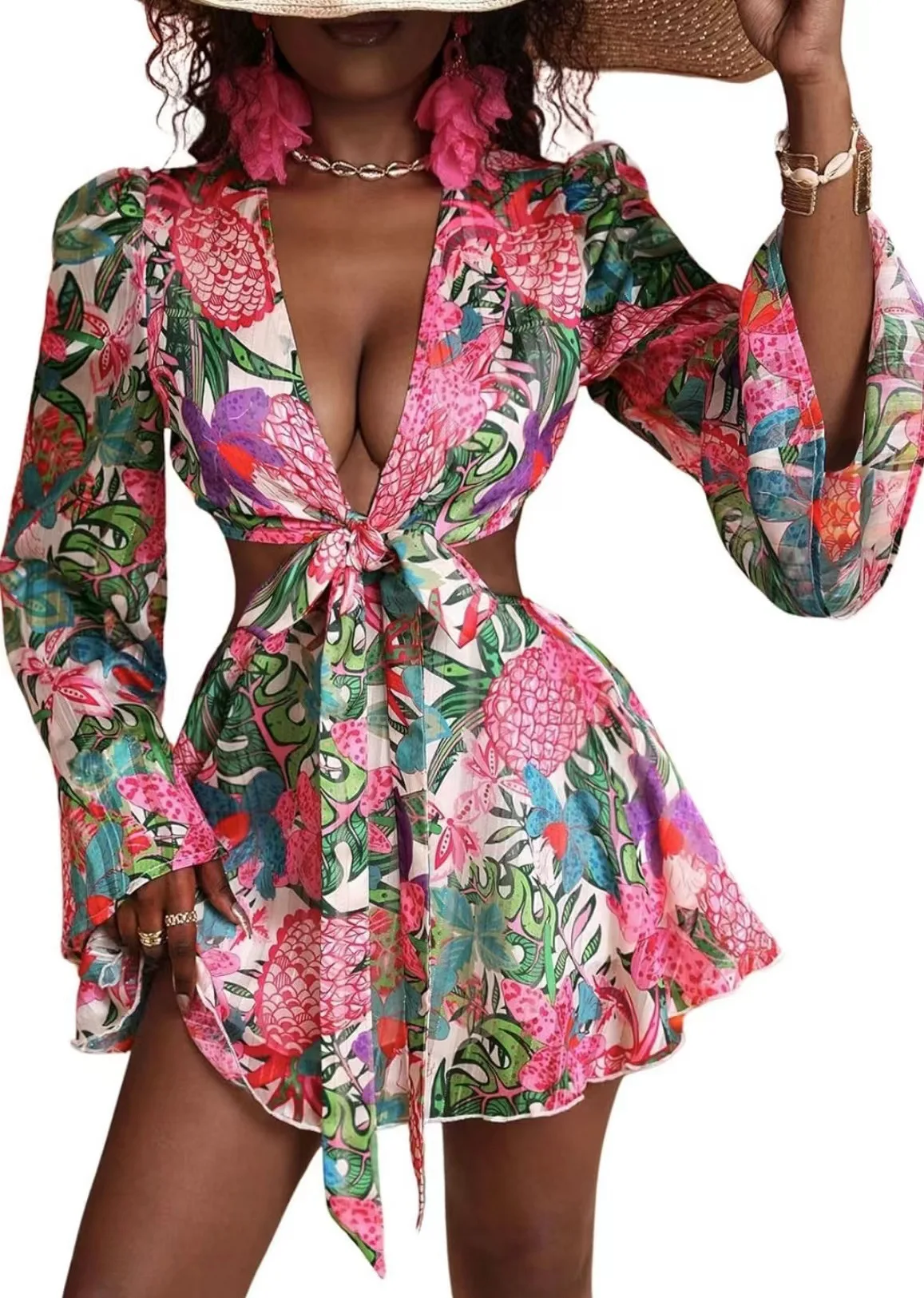 Sexy V Neck Long Batwing Sleeve Floral Print Loose Asymmetrical Dress Summer Women Irregular Leaf Print Party Boho Dresses