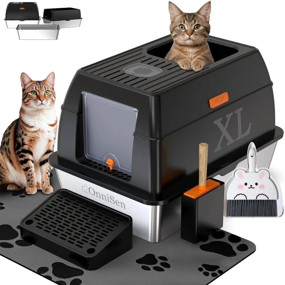 

Top Entry Metal Litter Box with Scoop and Mat, Extra Large Enclosed Cat Bedpans with Lid, Stainless Steel Litter Box