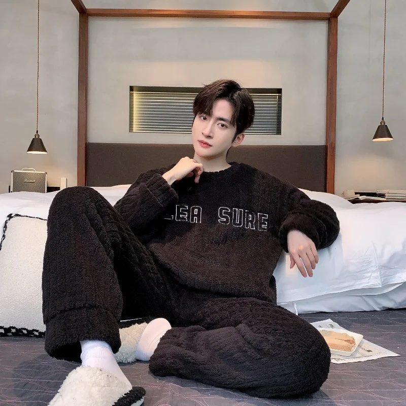 

Мужской зимний теплый пижамный комплект, мягкий коралловый флис, домашняя одежда, плотная теплая одежда для сна, свободная домашняя одежда в Корейском стиле с героями мультфильмов, комплект из 2 предметов